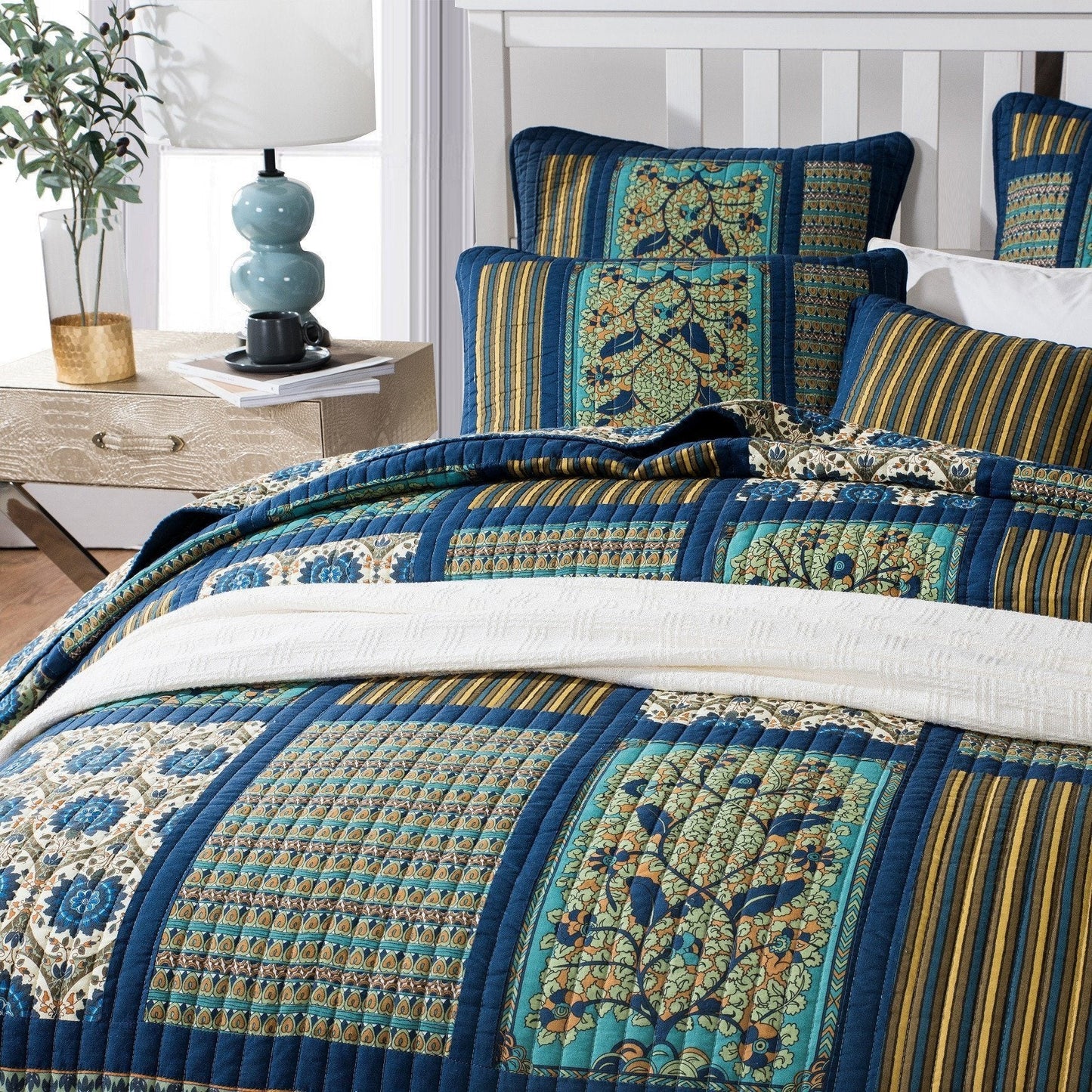 Tache 2-3 Piece Elegant Striped Forest Patchwork Quilt Vibrant Multi Color (JHW-679)