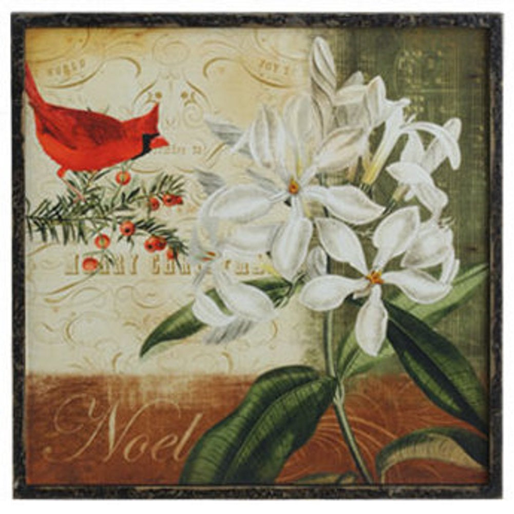 14 inch Wooden Cardinal Print - Red Poinsettia