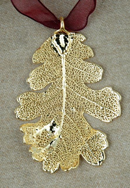 Gold Oak Leaf with Sheer Ribbon Ornament