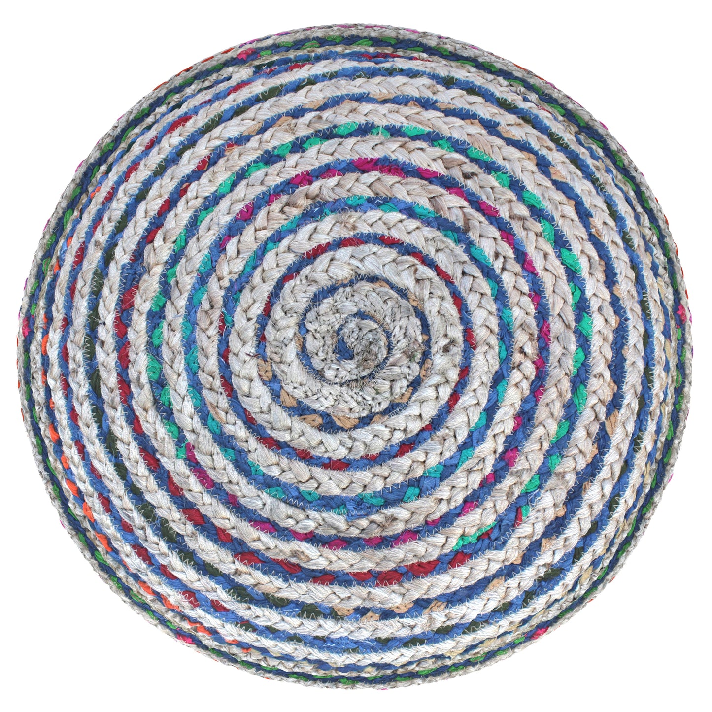 Margo 20 Inch Wide Round Pouf in Multi-Blue Handwoven Jute and Cotton