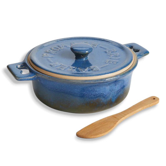 Blue Reactive Glaze Stoneware Brie Baker with Bamboo Spreader