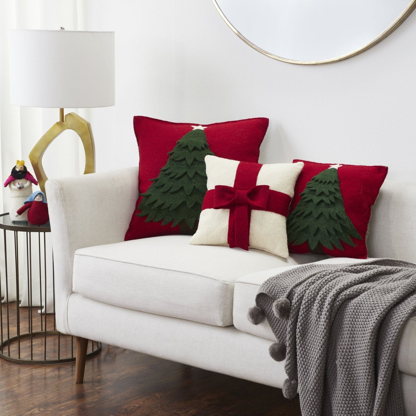 Red Bow Cream - Christmas Pillow Cover Hand Felted Wool - 20" / 14" Arcadia Home