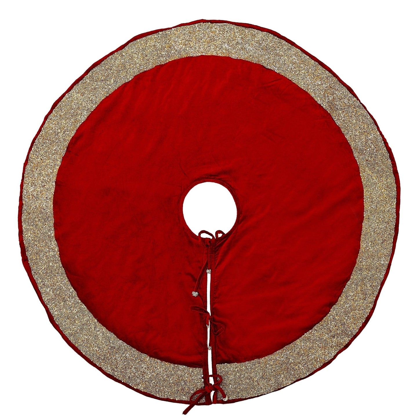 Red Velvet Christmas Tree Skirt Hand Beaded Gold Border - 60" / 72" Arcadia Home