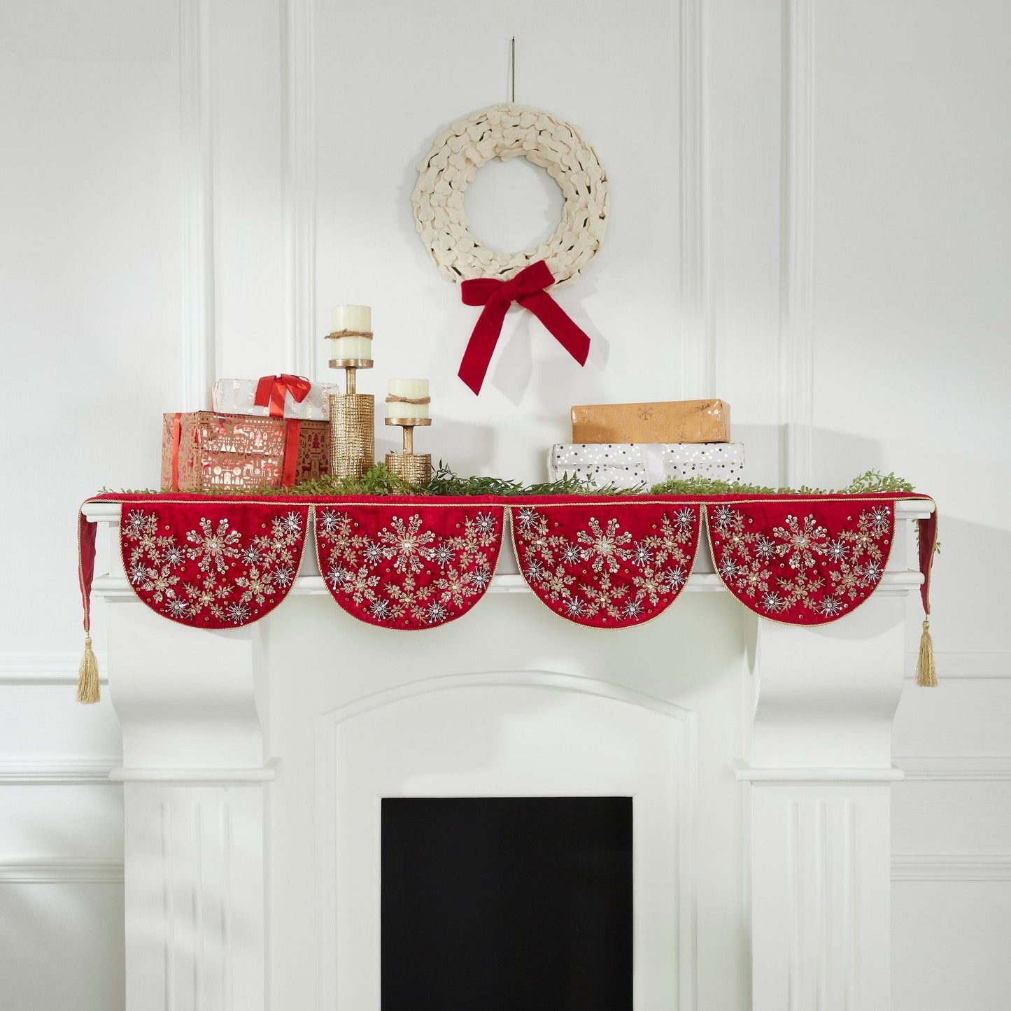 Red Velvet Mantel Scarf Hand Beading and Crewel Embroidery - 72" Arcadia Home