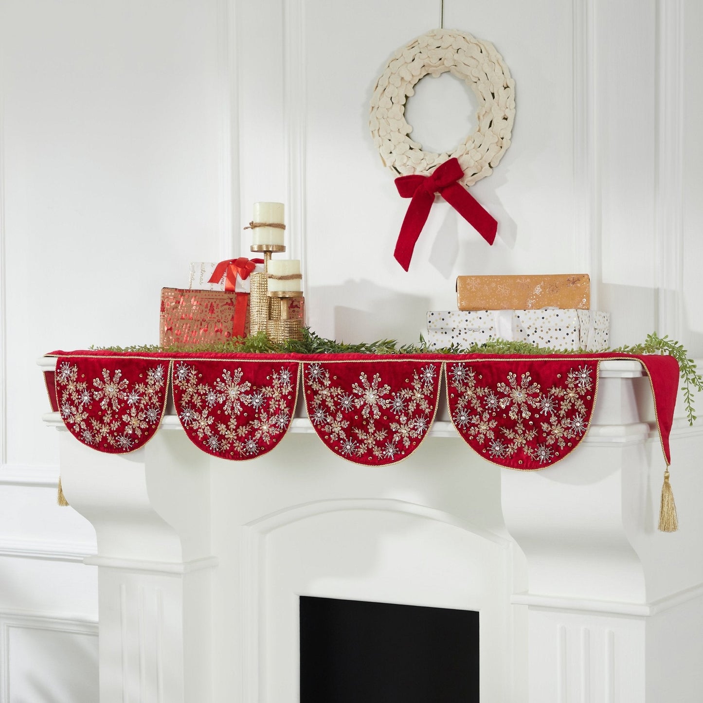 Red Velvet Mantel Scarf Hand Beading and Crewel Embroidery - 72" Arcadia Home