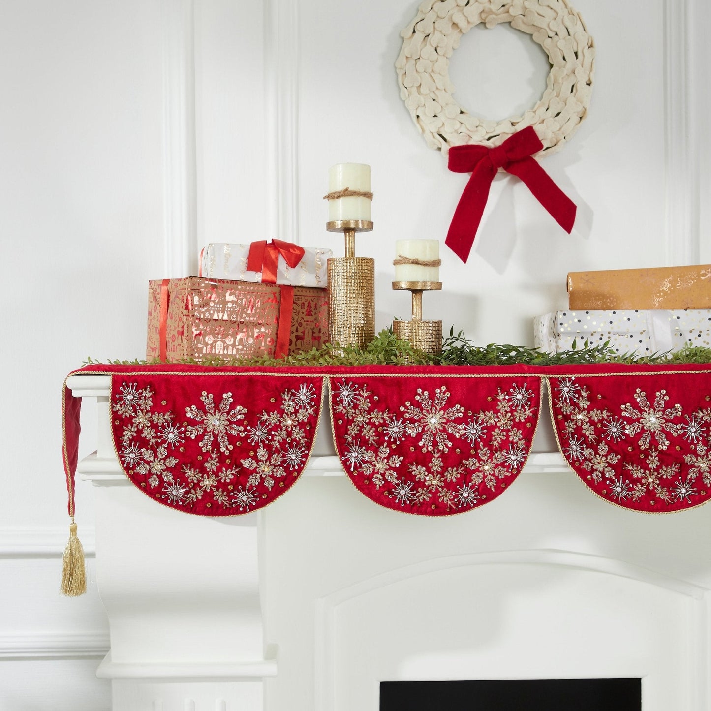 Red Velvet Mantel Scarf Hand Beading and Crewel Embroidery - 72" Arcadia Home