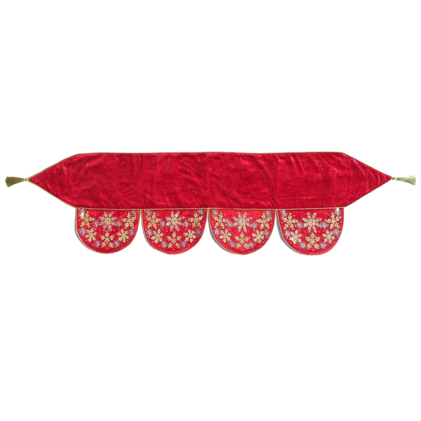 Red Velvet Mantel Scarf Hand Beading and Crewel Embroidery - 72" Arcadia Home