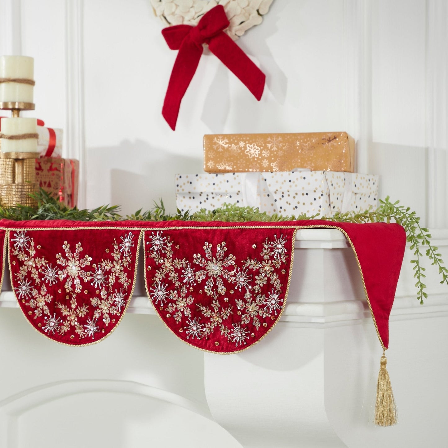 Red Velvet Mantel Scarf Hand Beading and Crewel Embroidery - 72" Arcadia Home