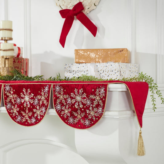 Red Velvet Mantel Scarf Hand Beading and Crewel Embroidery - 72" Arcadia Home