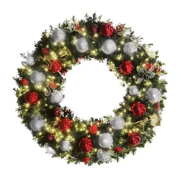 Pre-Decorated Christmas Wreath with Warm White Lights Red/White/Silver