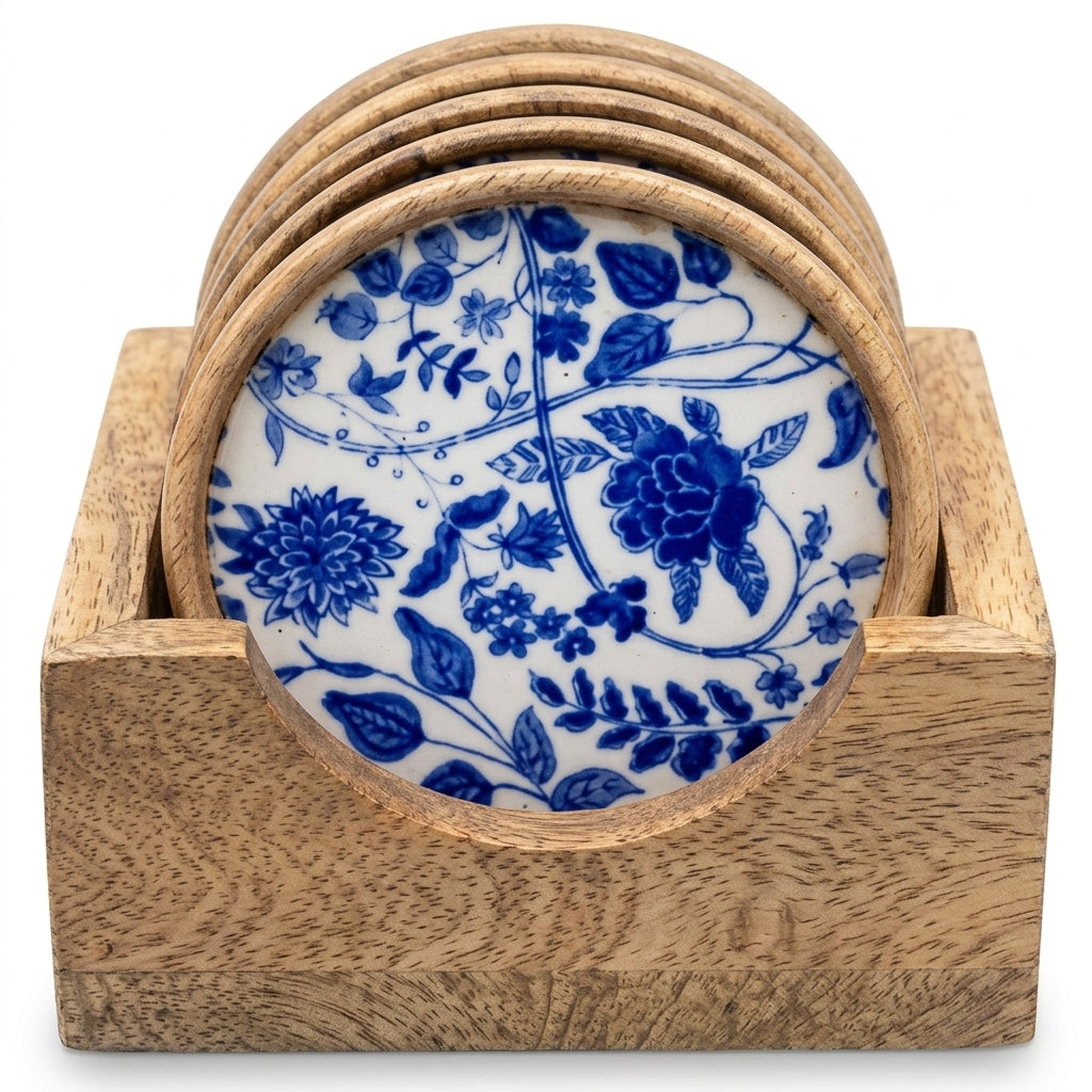 Mango Wood Coaster Set of 5 with Holder