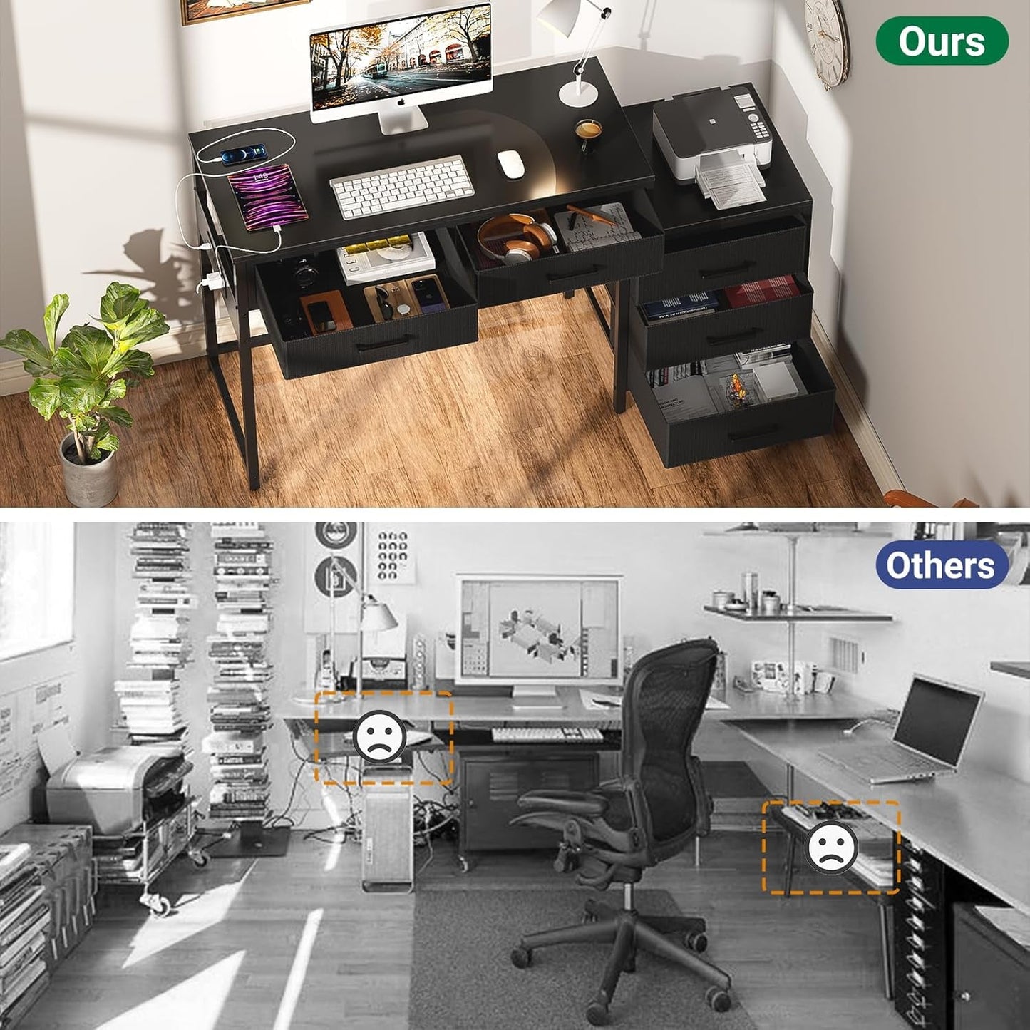 Reversible Computer Desk With Drawers And USB Ports