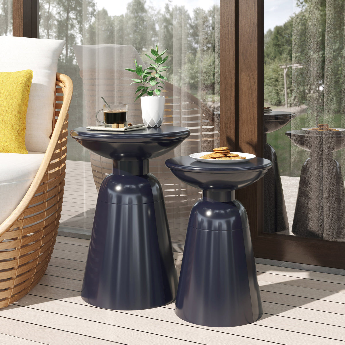 Serenita Outdoor Iron Side Tables with Flared Design, Set of 2
