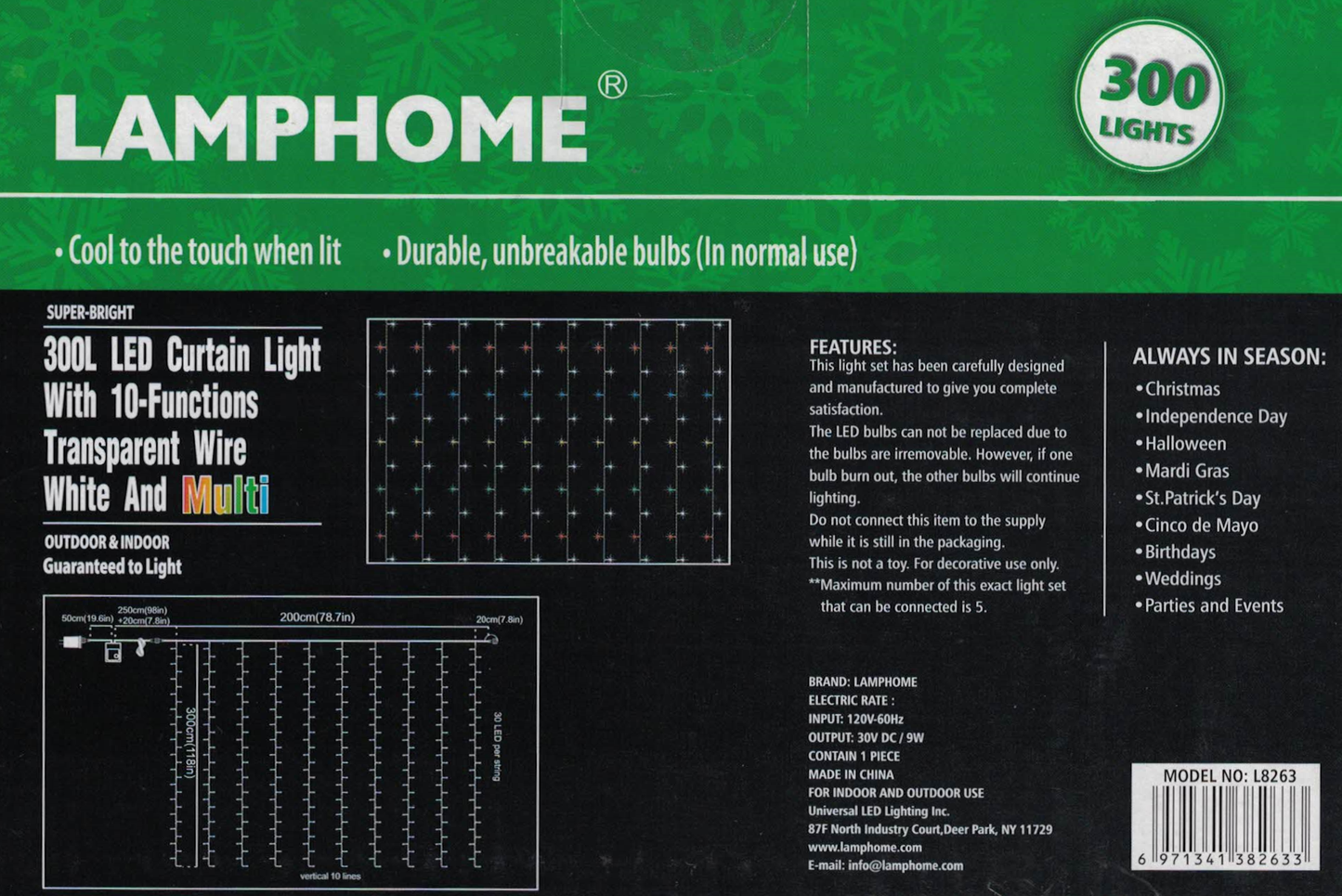 300 LED Curtain Light - 80" x 118" - 10 Functions