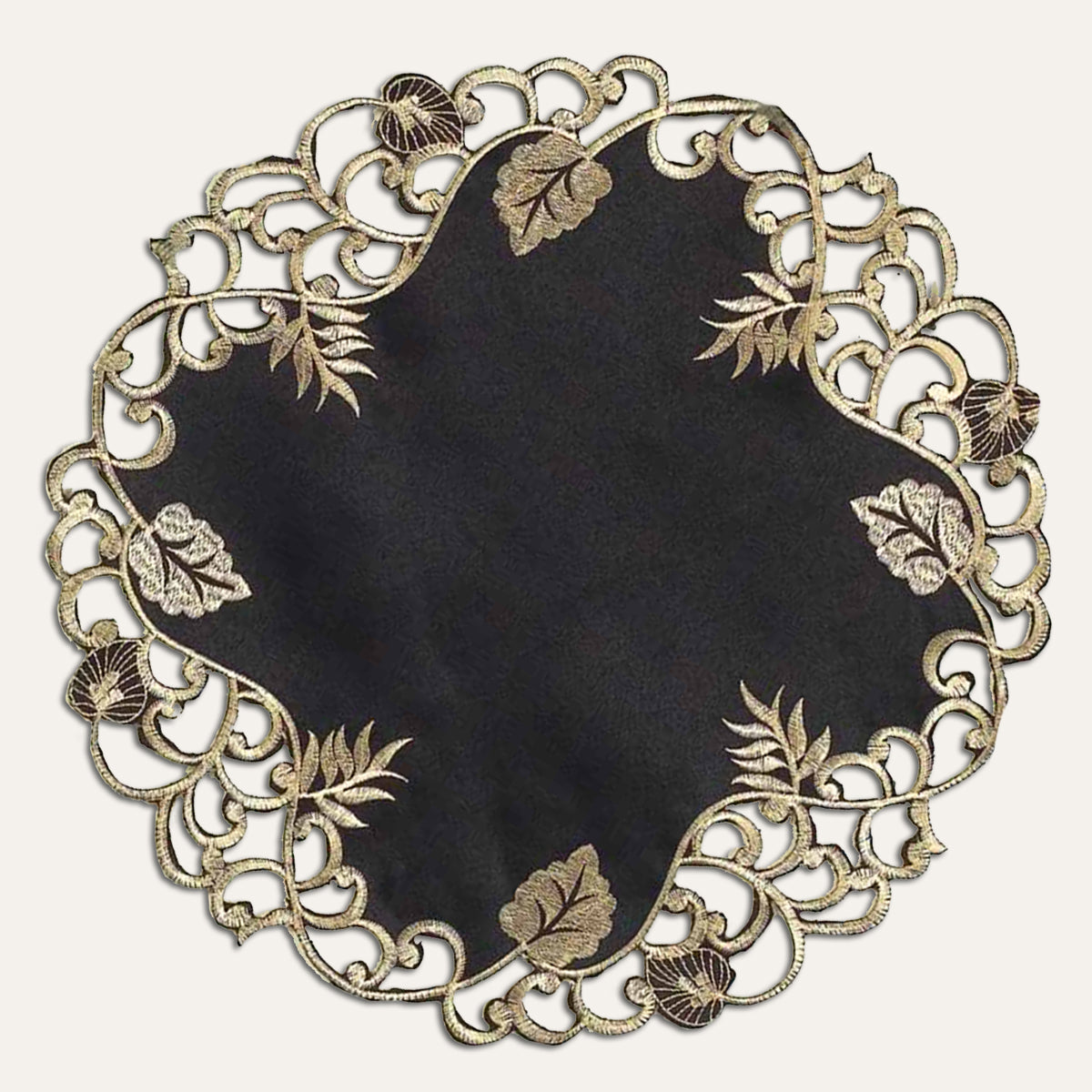 Black Gold Table Doilies – 15 Inch Embroidered Rustic Table Decor for Indoor Outdoor