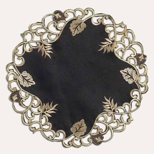 Black Gold Table Doilies – 15 Inch Embroidered Rustic Table Decor for Indoor Outdoor