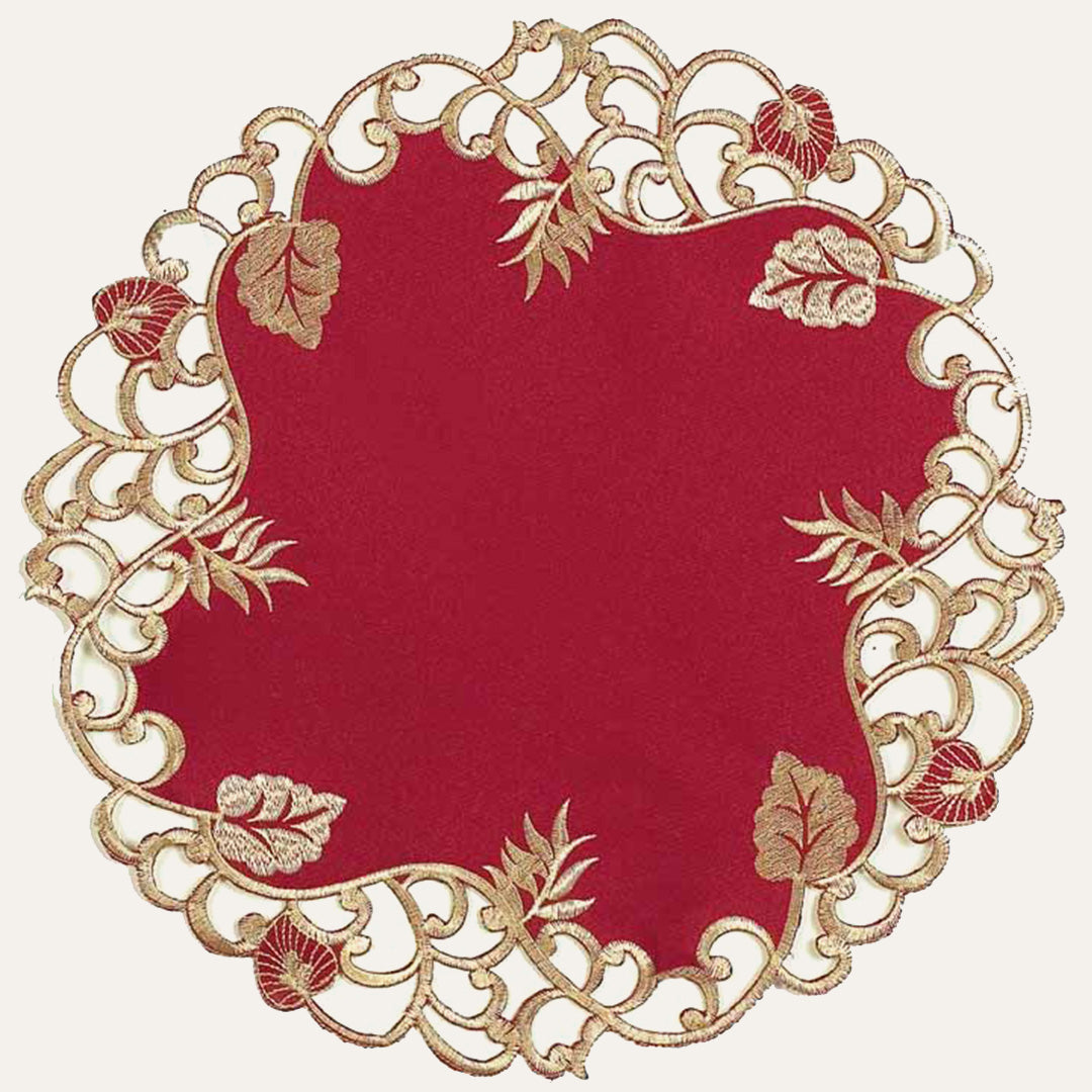 Burgundy Gold Doilies – Rustic Table Decor 15 Inch Embroidered Table Mats