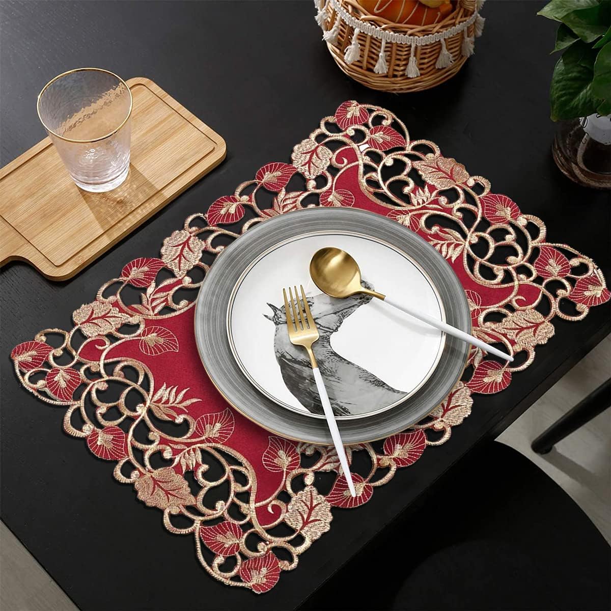 Burgundy Gold Placemats – Rustic Embroidered Table Mats for Dining Decor 12x18 Inch