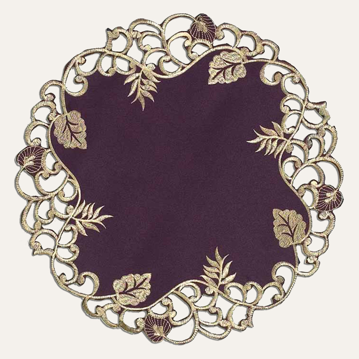 Plum Gold Table Doilies – Velvet Plum Embroidered Doilies for Rustic Table Decor
