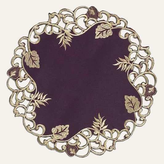 Plum Gold Table Doilies – Velvet Plum Embroidered Doilies for Rustic Table Decor