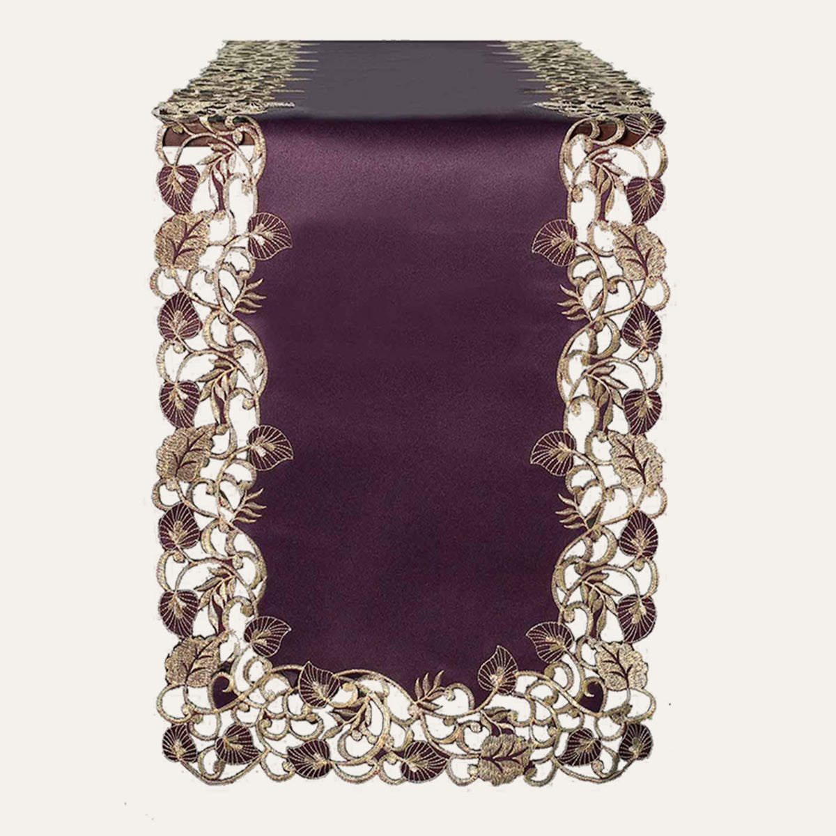Plum Gold Table Runner – Rustic Embroidered Linen Decor for Dining Table 14x108 Inch