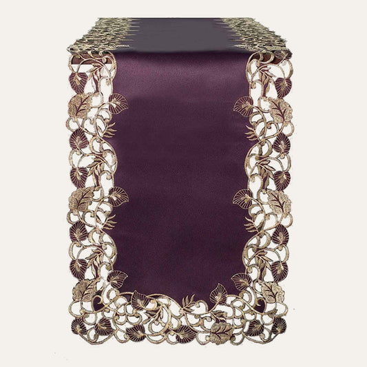 Plum Gold Table Runner – Rustic Embroidered Linen Decor for Dining Table 14x108 Inch