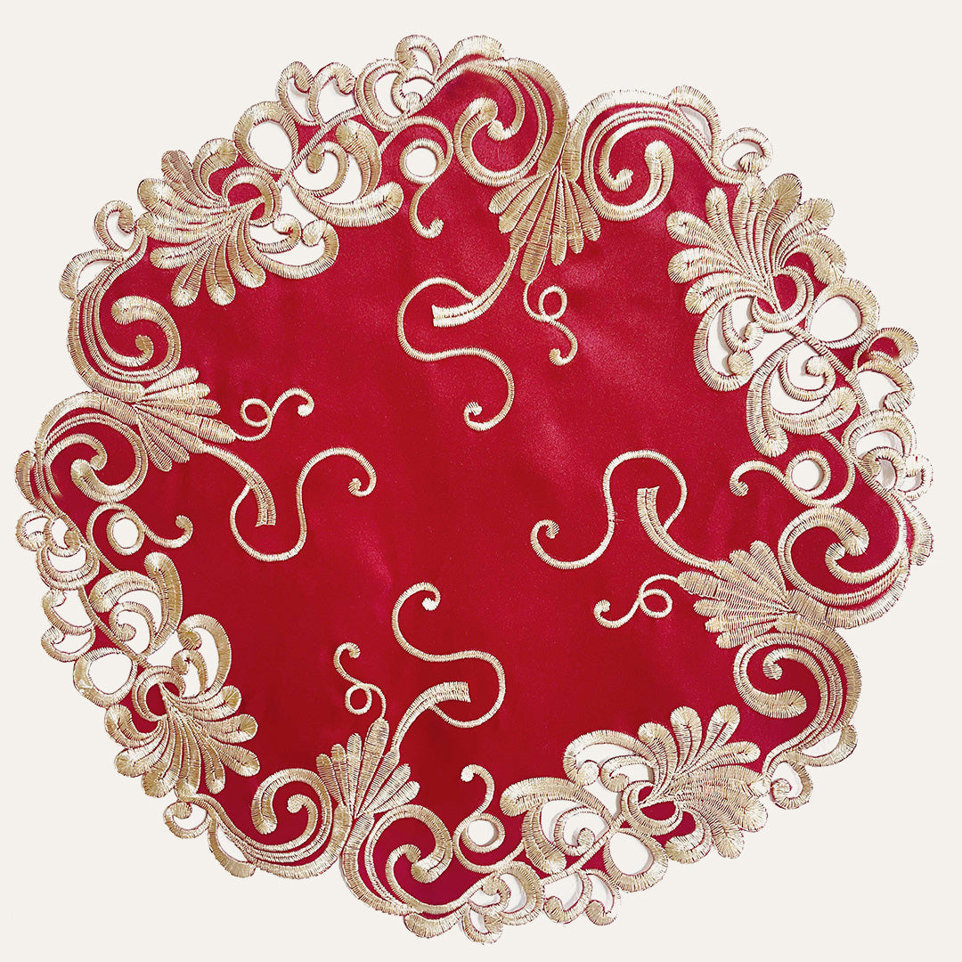 Burgundy Gold Doilies – 15 Inch Polyester Embroidered Table Doilies | Chantelle Collection