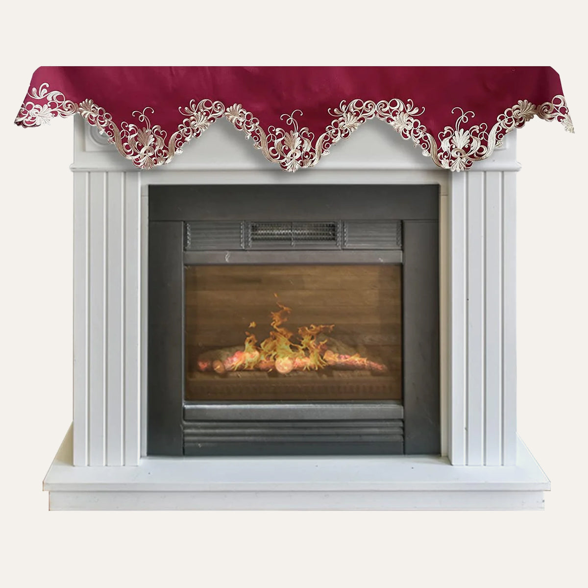 Burgundy Mantel Scarf – Vintage Rustic Fireplace Cover With Polyester Rayon Embroidery