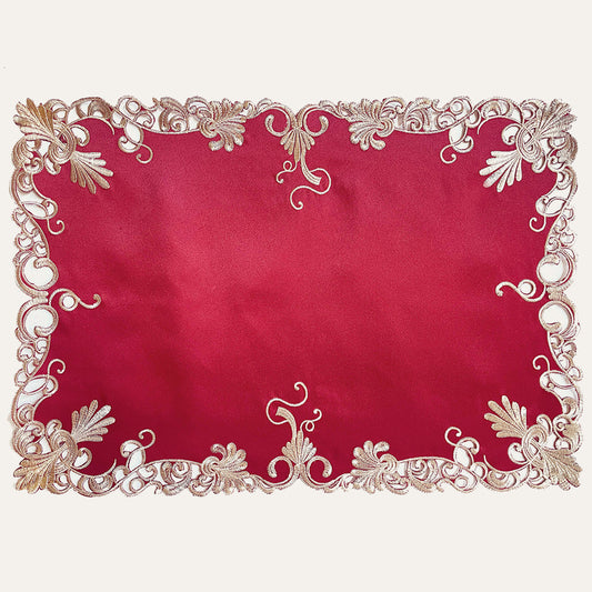 Burgundy Gold Placemats – Embroidered Linen Set | Rustic Vintage Table Decor 12x18 Inch
