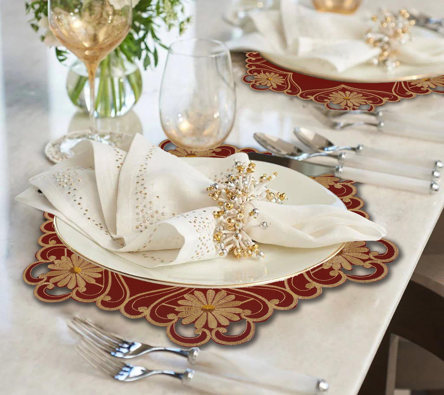 Round Placemats – Imperial Red Linen Placements with Red Lace Doilies, 15 Inch