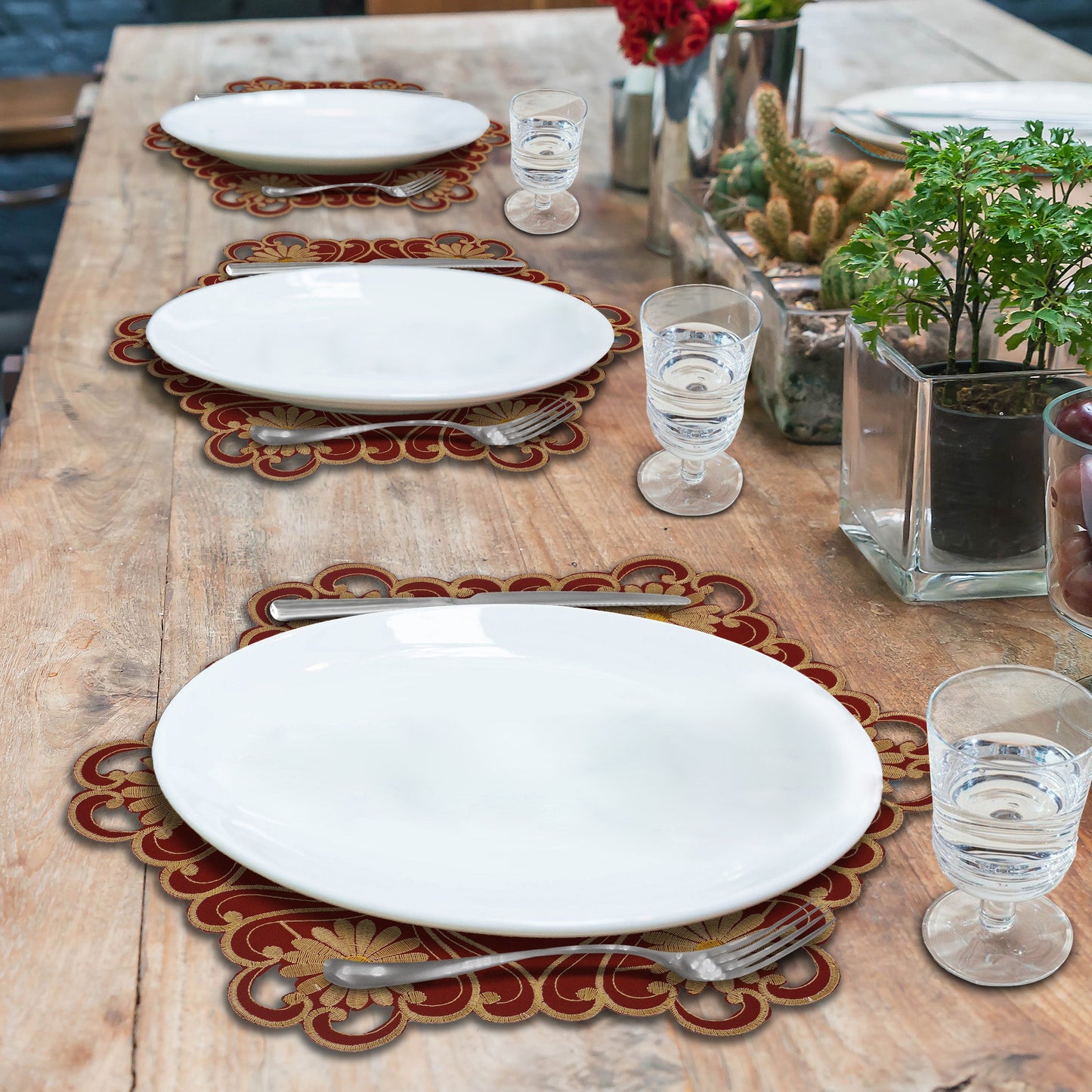 Round Placemats – Imperial Red Linen Placements with Red Lace Doilies, 15 Inch