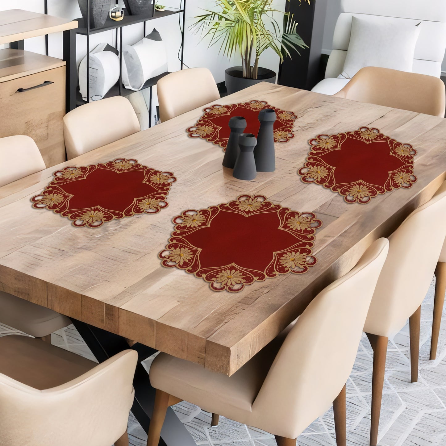 Round Placemats – Imperial Red Linen Placements with Red Lace Doilies, 15 Inch