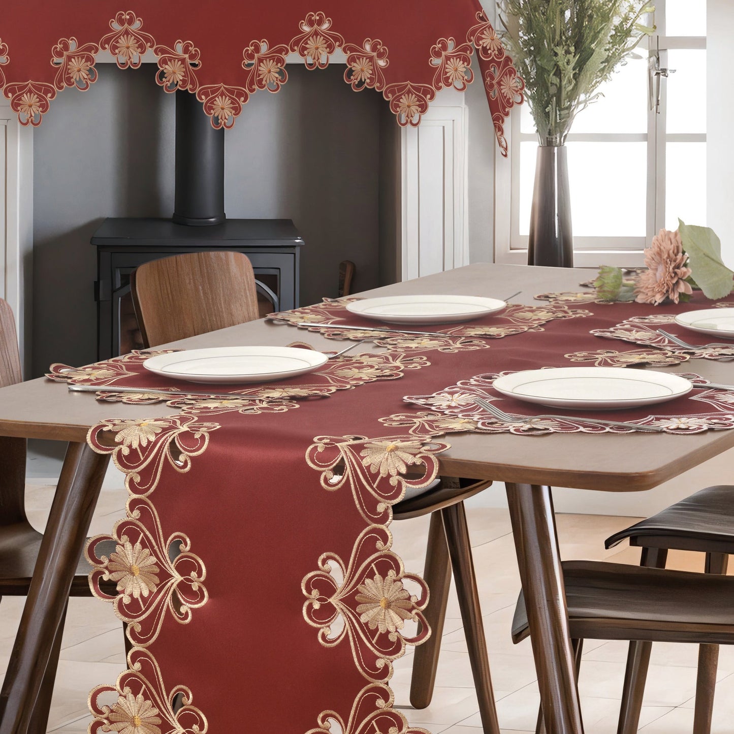 Round Placemats – Imperial Red Linen Placements with Red Lace Doilies, 15 Inch