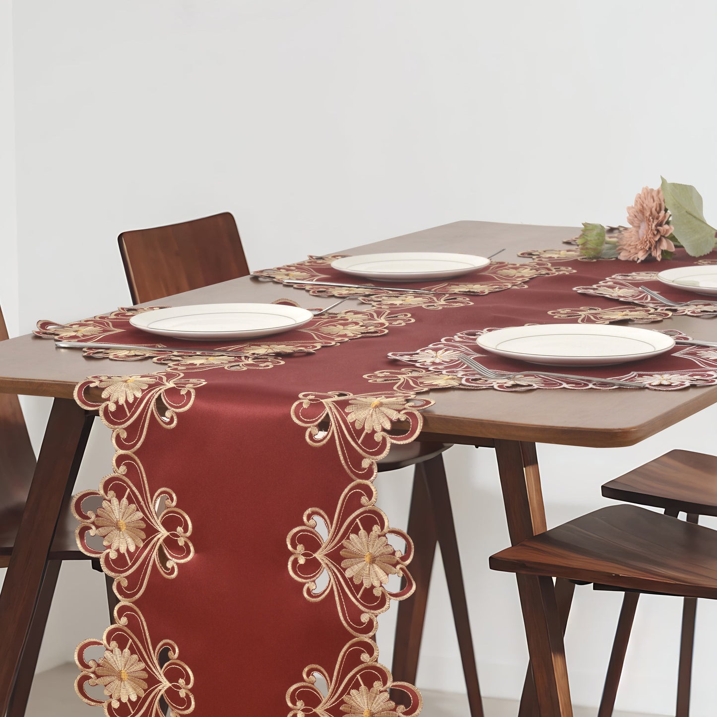 Round Placemats – Imperial Red Linen Placements with Red Lace Doilies, 15 Inch