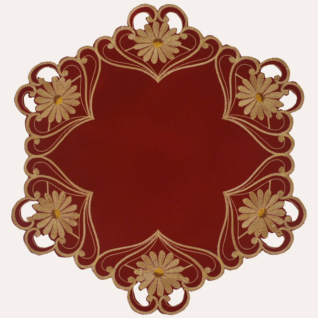 Round Placemats – Imperial Red Linen Placements with Red Lace Doilies, 15 Inch