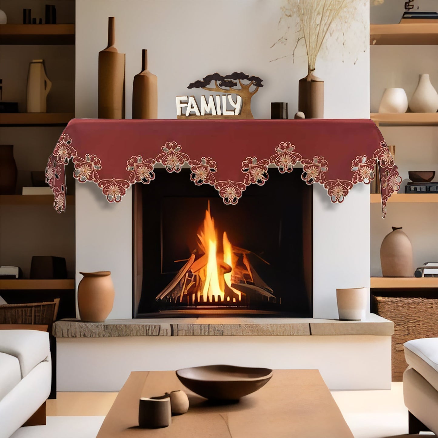 Red Mantel Scarf – Elegant Lace Overlay With Intricate Embroidery, 18x90 Inch