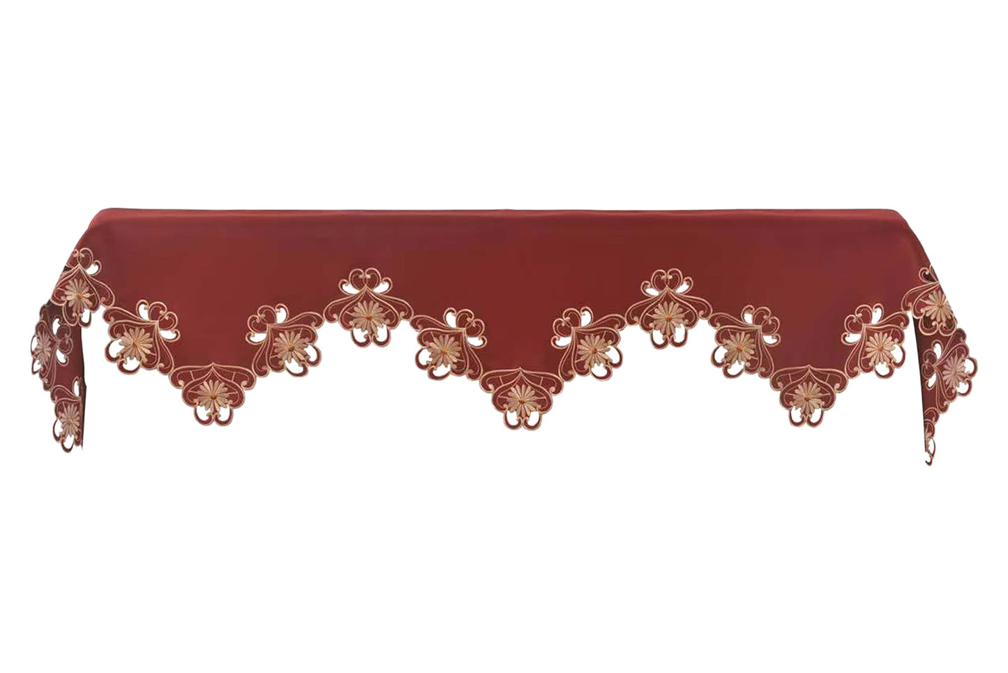 Red Mantel Scarf – Elegant Lace Overlay With Intricate Embroidery, 18x90 Inch