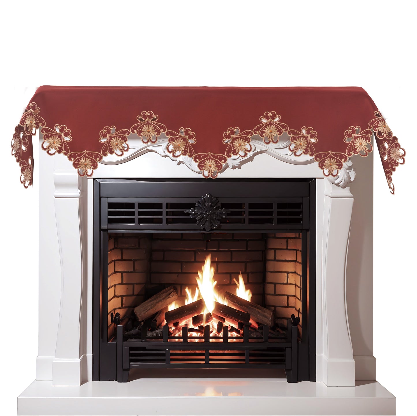 Red Mantel Scarf – Elegant Lace Overlay With Intricate Embroidery, 18x90 Inch