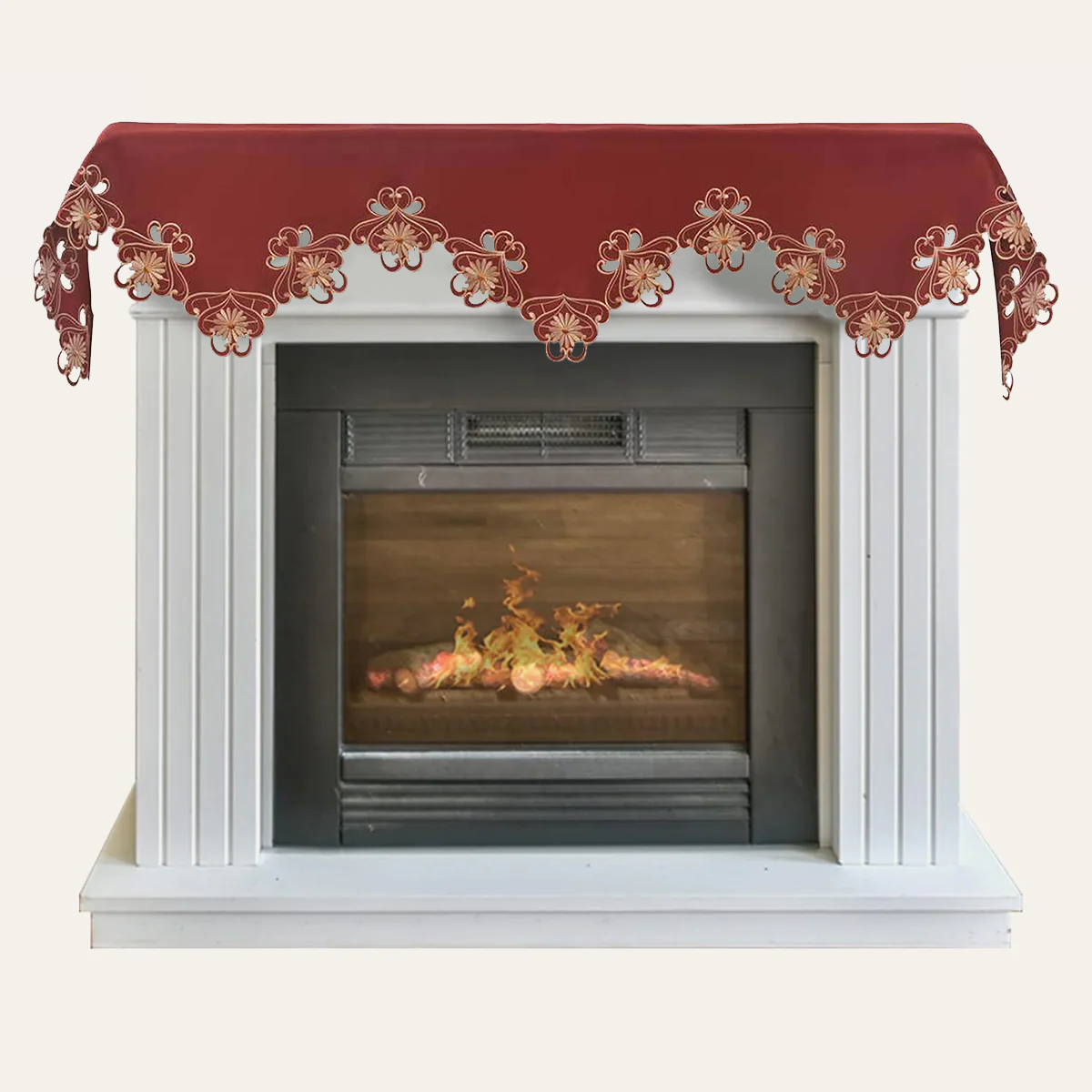 Red Mantel Scarf – Elegant Lace Overlay With Intricate Embroidery, 18x90 Inch