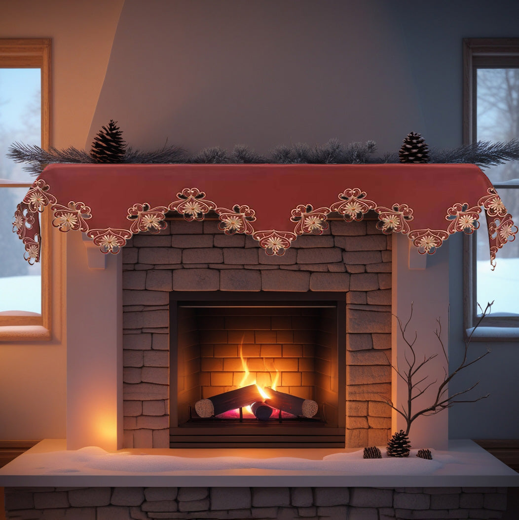 Red Mantel Scarf – Elegant Lace Overlay With Intricate Embroidery, 18x90 Inch