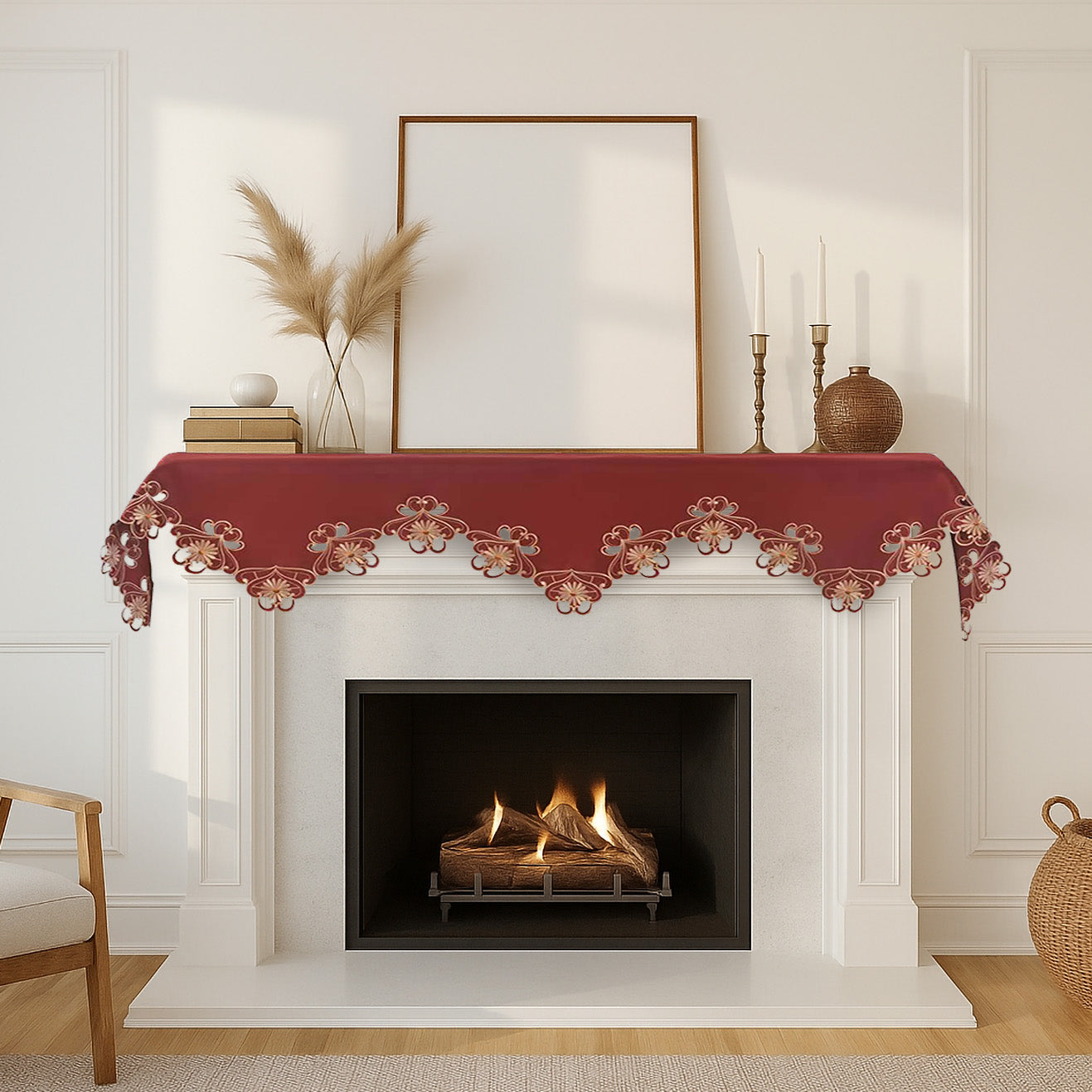 Red Mantel Scarf – Elegant Lace Overlay With Intricate Embroidery, 18x90 Inch