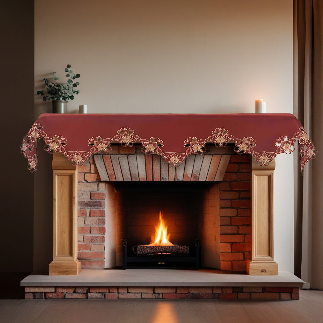 Red Mantel Scarf – Elegant Lace Overlay With Intricate Embroidery, 18x90 Inch