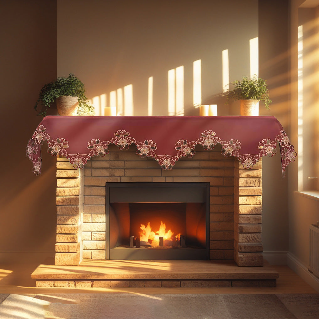 Red Mantel Scarf – Elegant Lace Overlay With Intricate Embroidery, 18x90 Inch