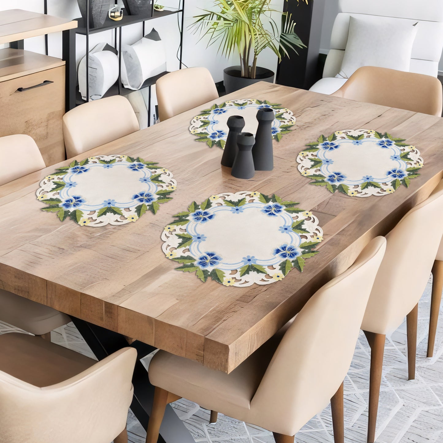 Linen Round Placemats – Embroidered Doilies, Lace & European Embroidery, 15 Inch