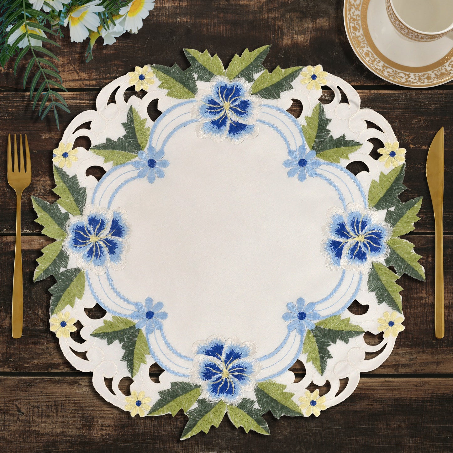 Linen Round Placemats – Embroidered Doilies, Lace & European Embroidery, 15 Inch