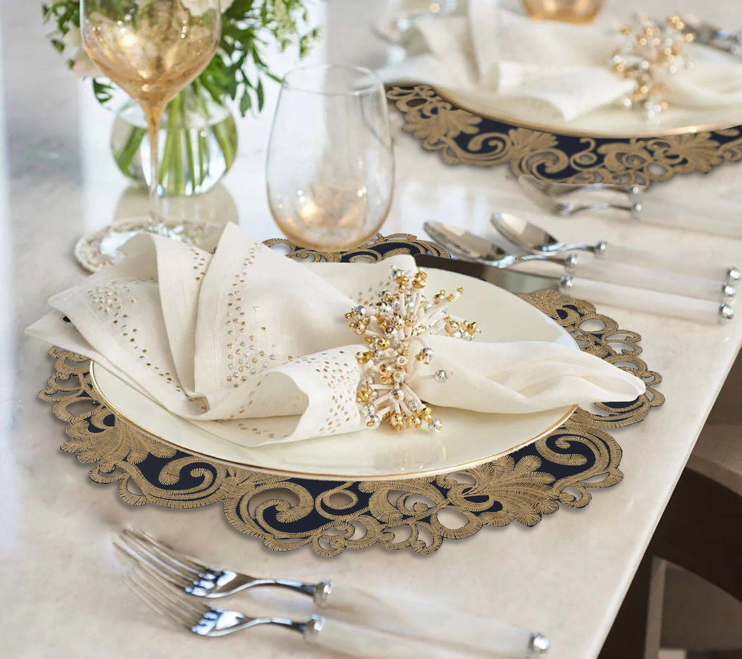 Round Placemats – Vintage Style Linen Doilies with Blue Lace Embroidery, 15 Inch