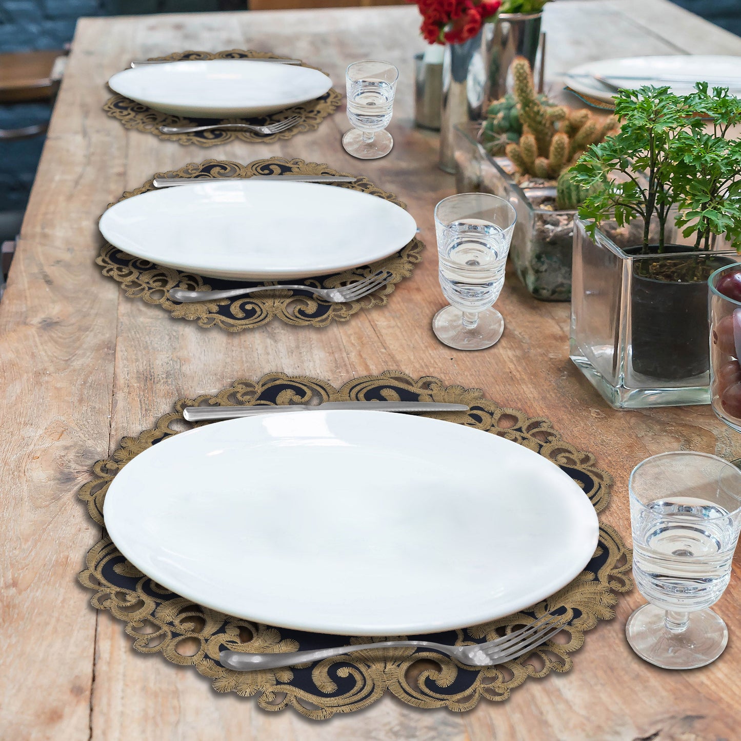 Round Placemats – Vintage Style Linen Doilies with Blue Lace Embroidery, 15 Inch