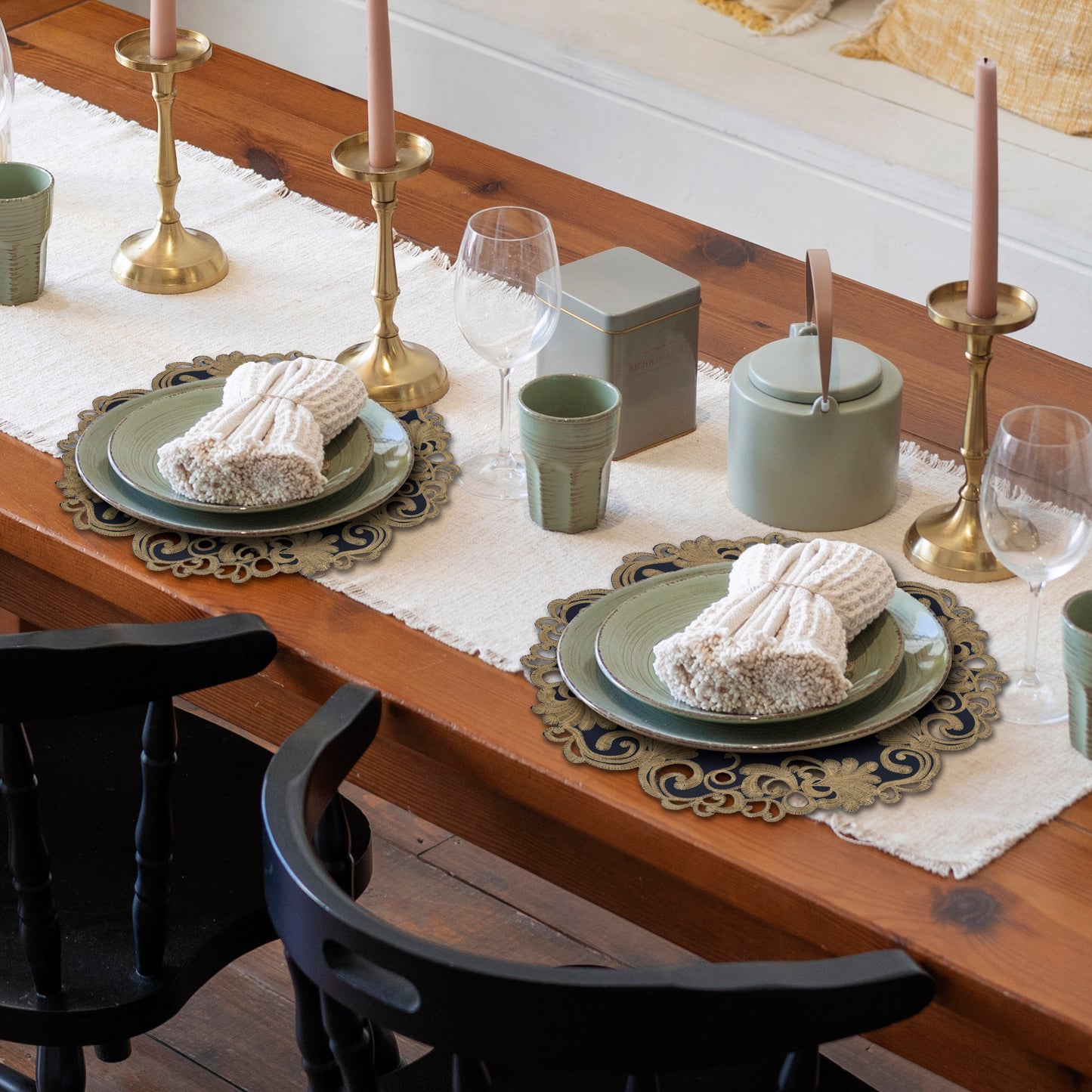 Round Placemats – Vintage Style Linen Doilies with Blue Lace Embroidery, 15 Inch