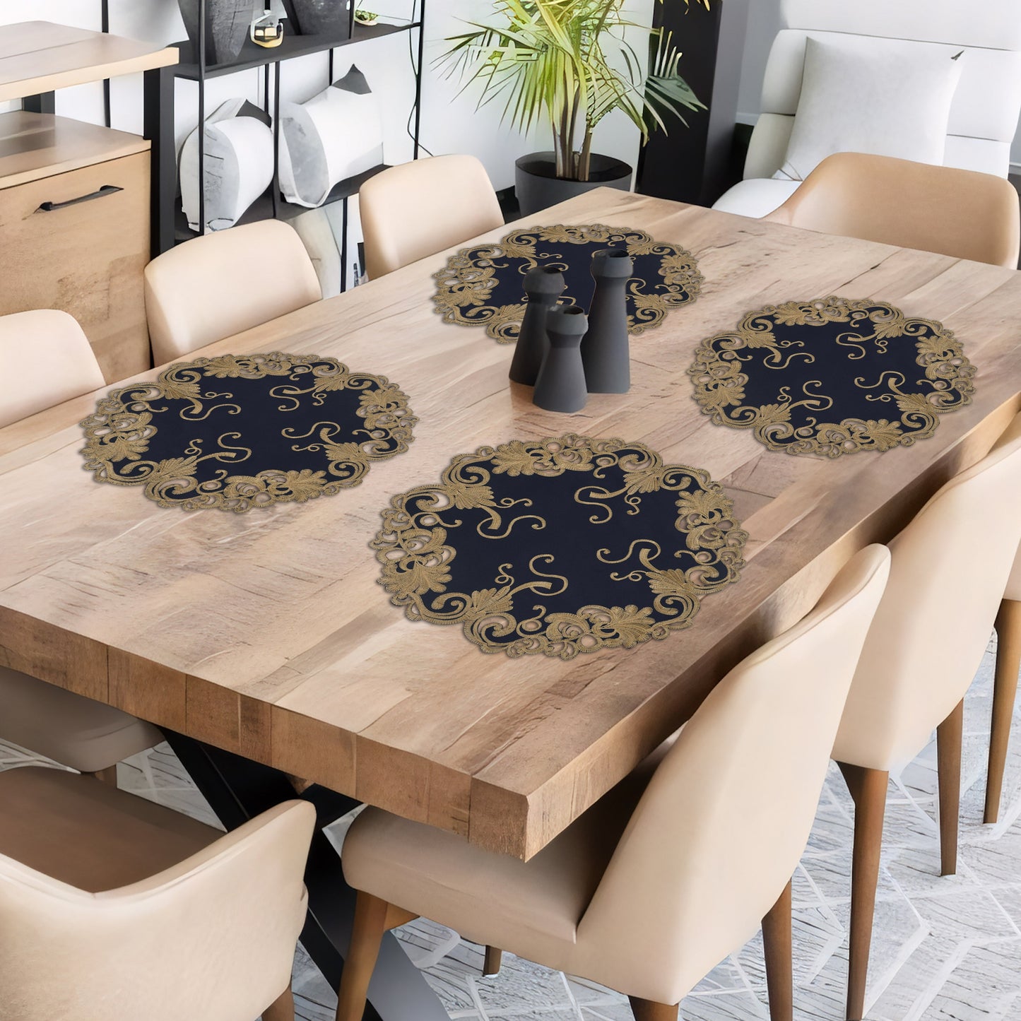 Round Placemats – Vintage Style Linen Doilies with Blue Lace Embroidery, 15 Inch