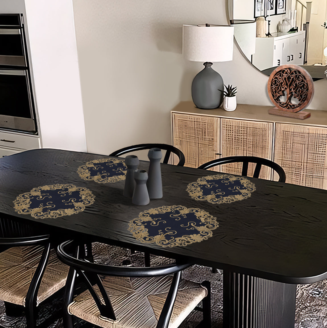 Round Placemats – Vintage Style Linen Doilies with Blue Lace Embroidery, 15 Inch